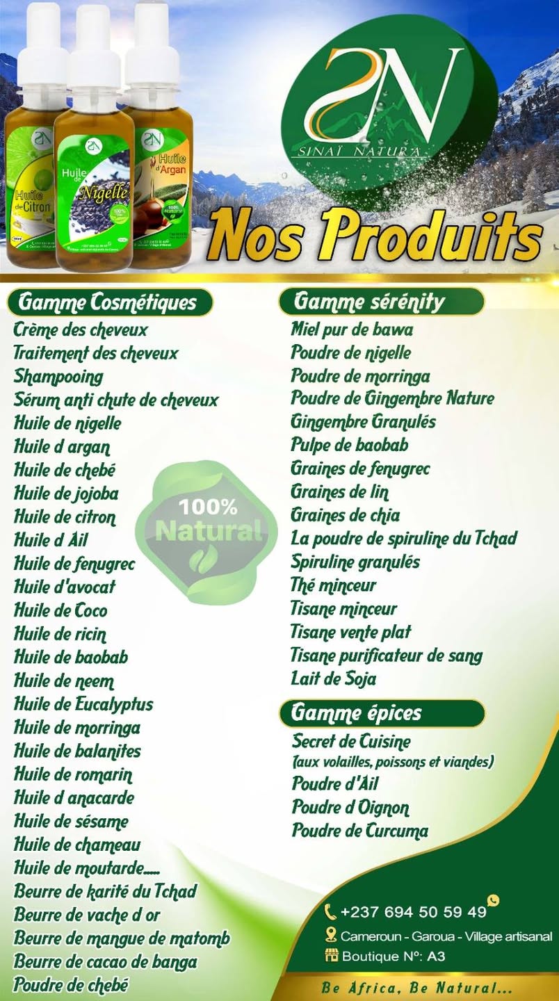 Affiche des produits naturels Sinaï Natura proposés au Village Artisanal de Garoua