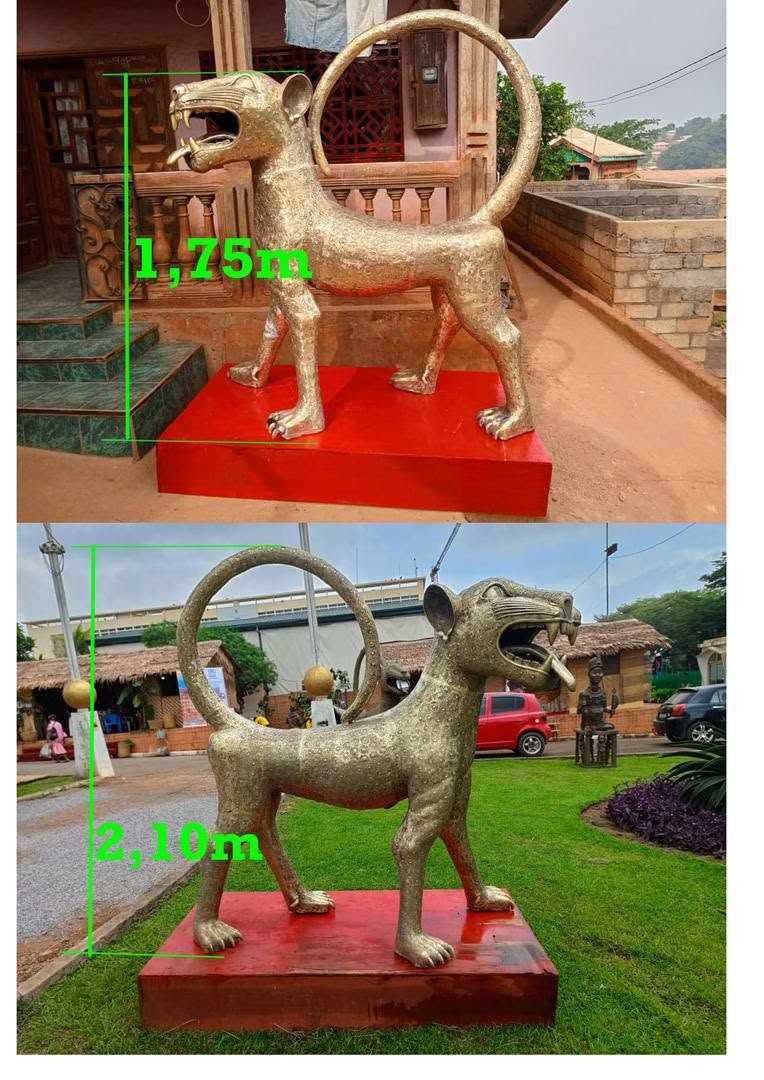 Deux panthères monumentales en bronze doré, hauteurs indiquées 1,75 m et 2,10 m