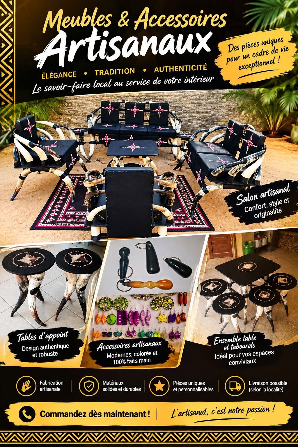 Affiche des meubles et accessoires artisanaux de Maroua : salons, tables, tabourets et accessoires
