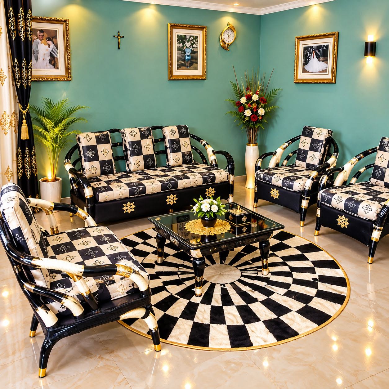 Salon artisanal damier noir et blanc avec table basse et tapis rayé