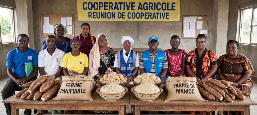 Membres de la coopérative Femmes Dynamiques de Bertoua réunis autour du manioc et de la farine panifiable