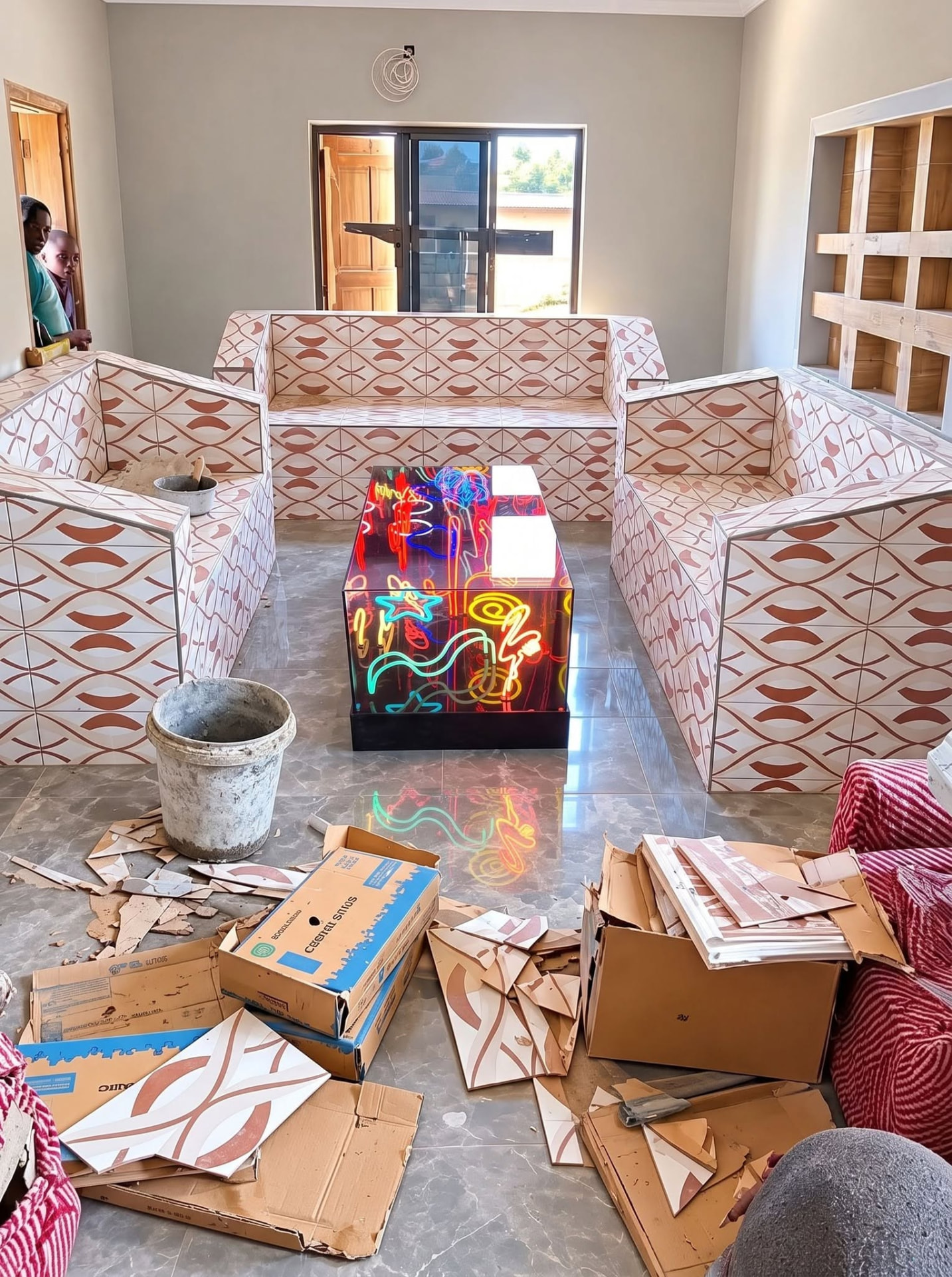 Salon en carreaux à motifs avec table centrale néon en cours d'installation