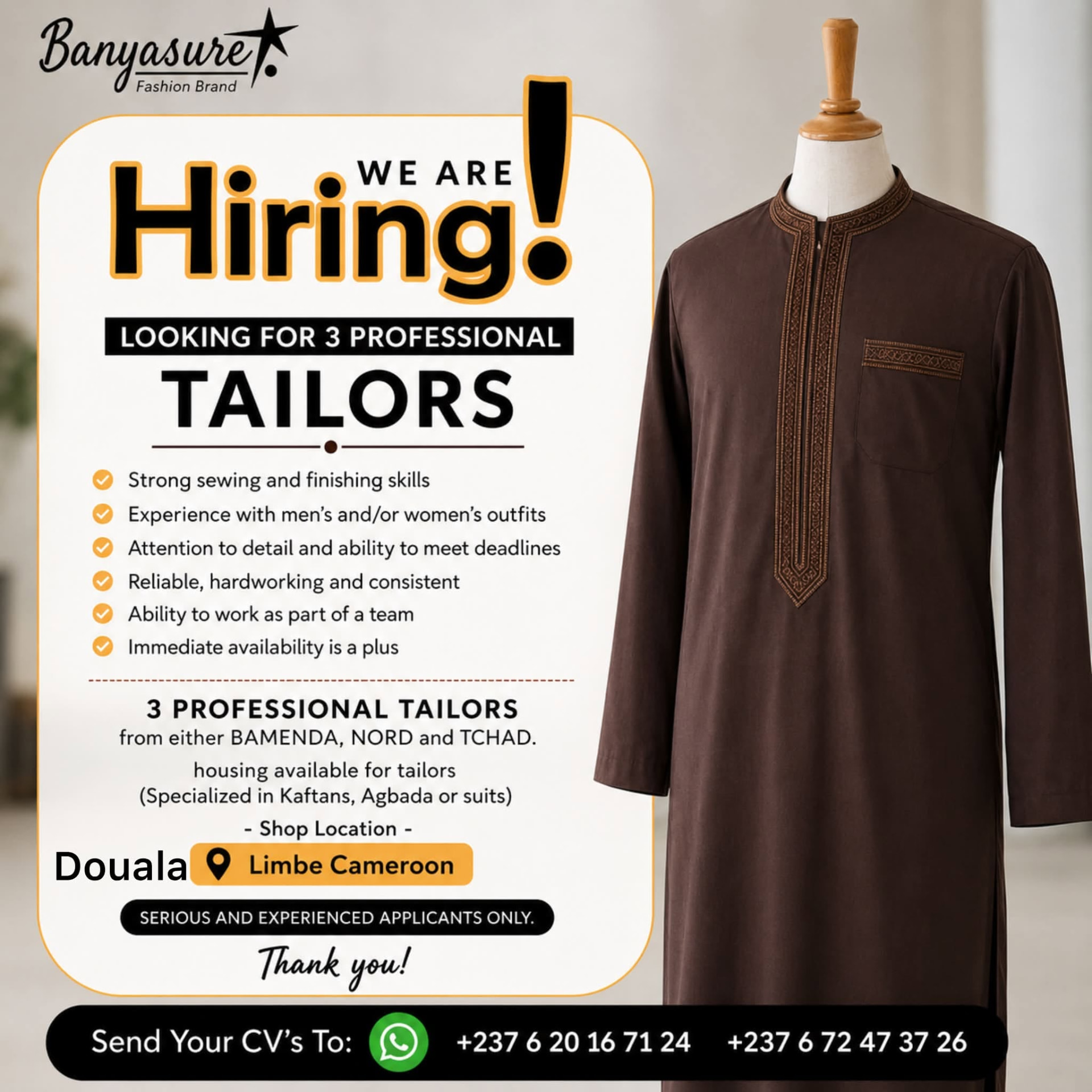 Affiche de l'atelier Banyasure : recrutement de tailleurs, kaftan marron brodé
