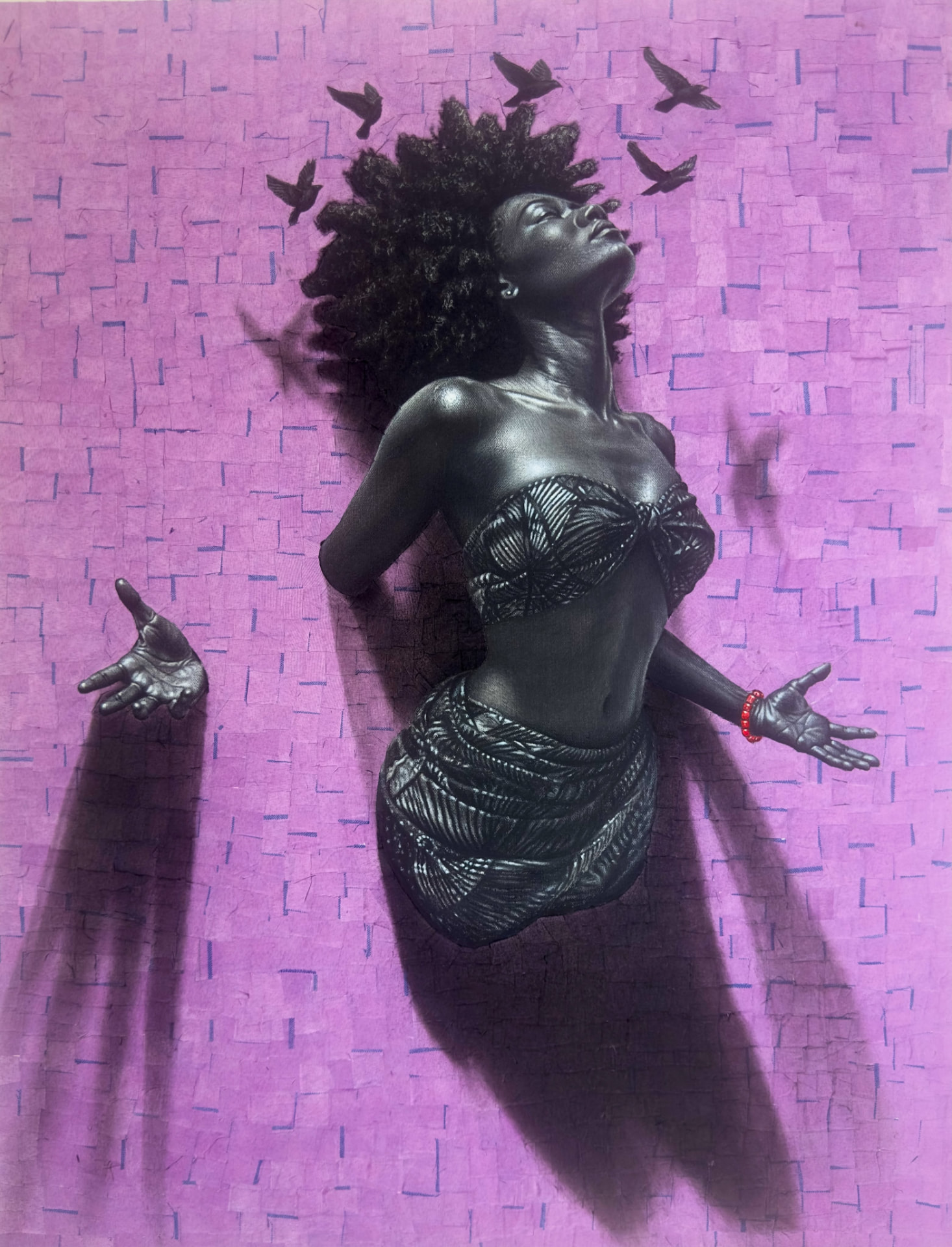 Œuvre de Hopex John : figure féminine sur fond violet avec envol d'oiseaux