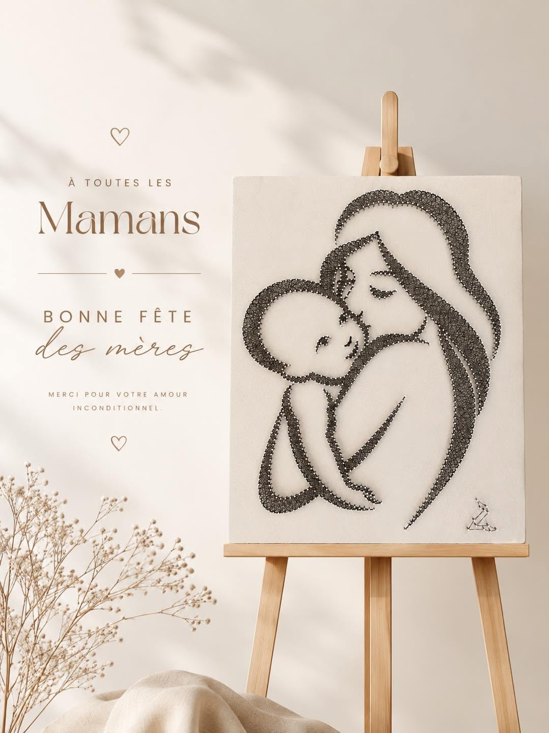 Tableau en fils représentant une mère embrassant son bébé