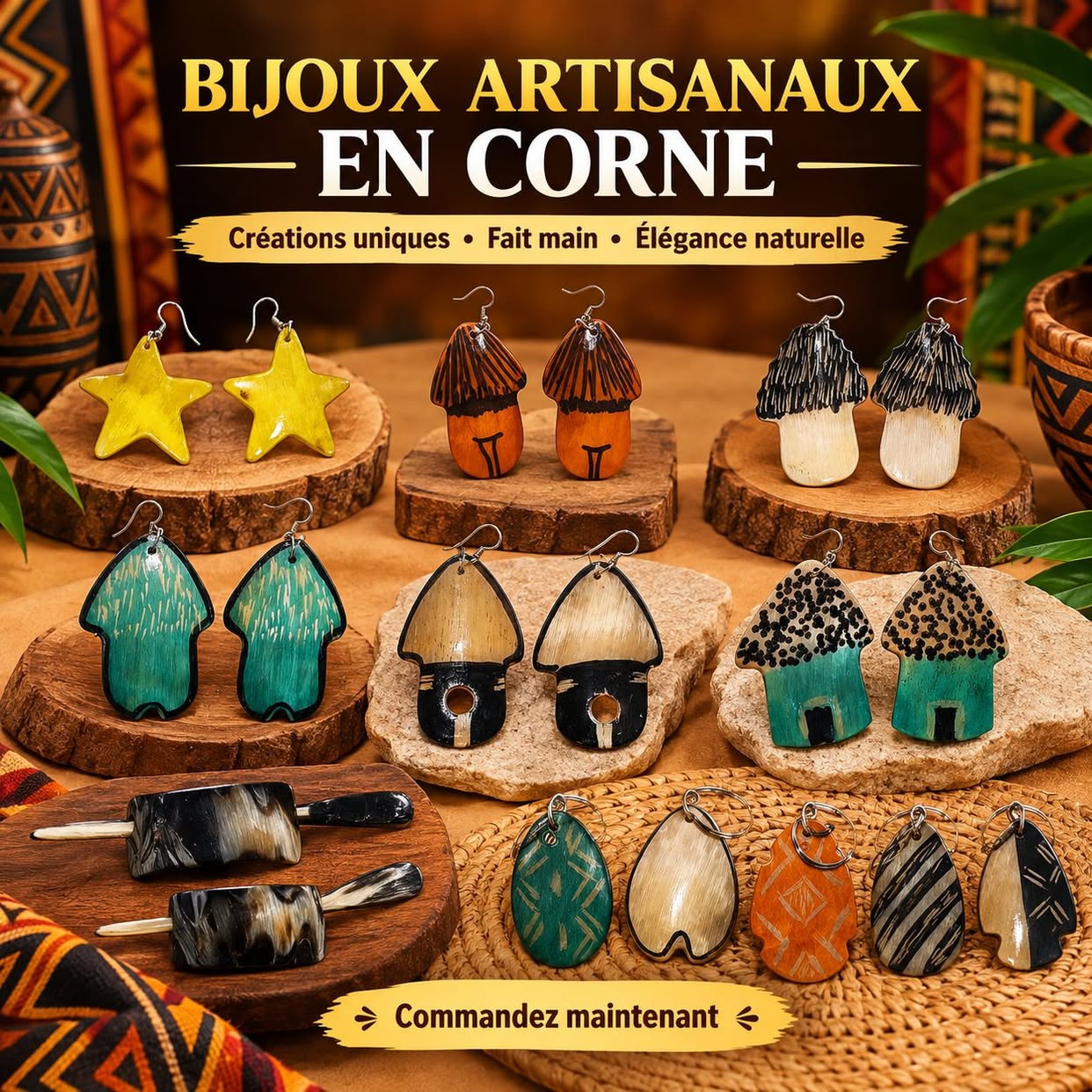 Collection de bijoux artisanaux en corne : boucles d'oreilles et barrettes