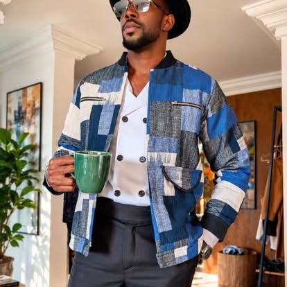 Homme en veste patchwork bleu et écru avec chemise blanche et chapeau