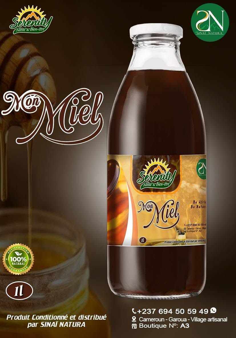 Bouteille de miel naturel Serenity distribuée par Sinaï Natura à Garoua