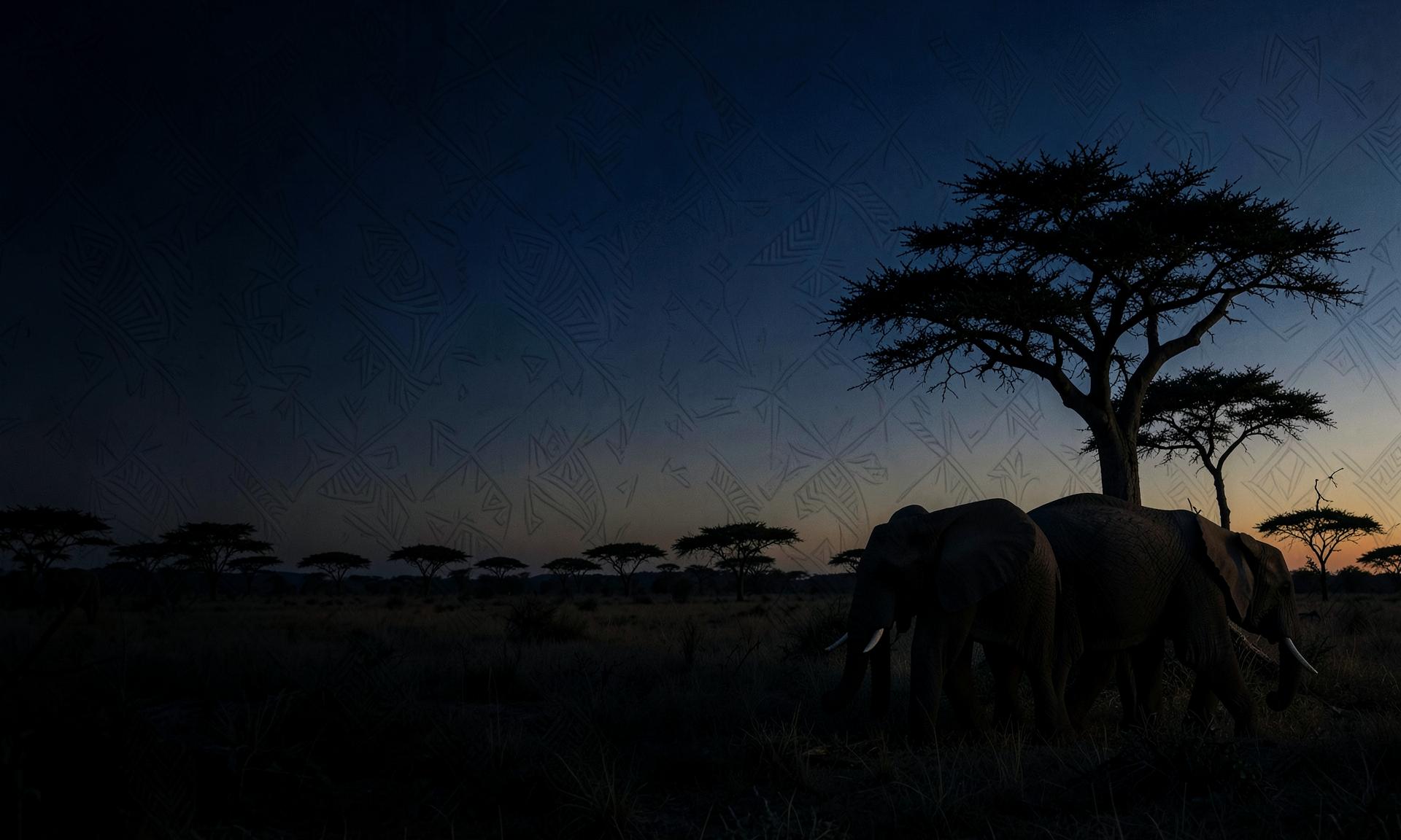 Troupeau d'éléphants sous un acacia au crépuscule, motifs textiles en filigrane
