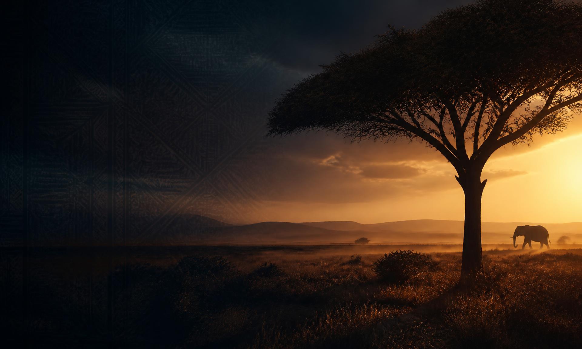 Savane africaine au crépuscule, acacia et éléphant, motifs textiles en filigrane